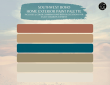 a southwest boho home exterior paint palette includes 3 color combinations
