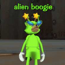 a green cat wearing sunglasses and the words alien boogie behind it