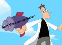 perry the platypus is holding a purple gun that says shut the fuck up-inator