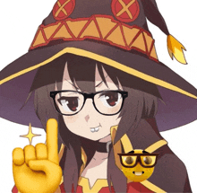 a cartoon girl wearing glasses and a witch hat giving a middle finger