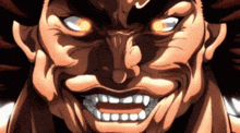 a close up of a cartoon character 's face with glowing eyes and sharp teeth