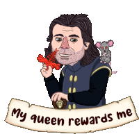 a cartoon of a man holding a lobster next to a scroll that says ' my queen rewards me '