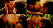 a collage of four pictures of a man and woman kissing each other