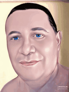 a painting of a man 's face with blue eyes and the words photolab on the bottom