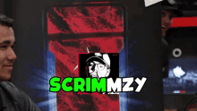 two men are sitting in front of a screen that says scrimmy