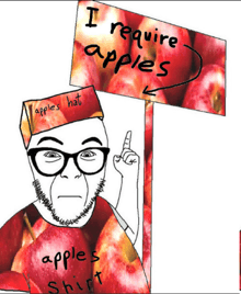 a cartoon of a man wearing glasses and an apple hat holding a sign that says i require apples