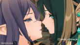 a screenshot of two anime girls kissing with the hashtag gacha_universe_jp in the corner