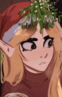 a girl with mistletoe on her head and a santa hat