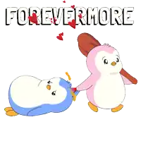 a cartoon of two penguins holding hands with the words forevermore below them