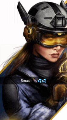 a woman wearing a helmet and goggles has the word smash on the bottom right