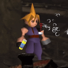 a cartoon character blowing soap bubbles with a yellow bottle that says soap