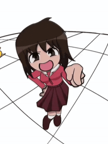 a drawing of a girl in a red dress giving a thumbs up