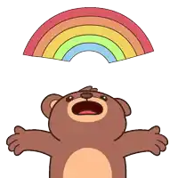 a cartoon bear is looking up at a rainbow with its arms outstretched