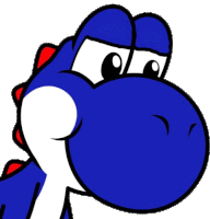 a blue yoshi from super mario bros is looking at the camera with a sad expression on his face .