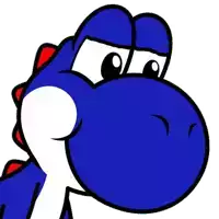 a blue yoshi from super mario bros is looking at the camera with a sad expression on his face .