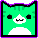 a green cat with a purple border and a white nose and mouth .