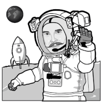 a black and white drawing of a man in an astronaut suit