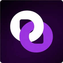 a white and purple logo on a dark background