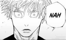 a black and white drawing of a person with a speech bubble that says nah