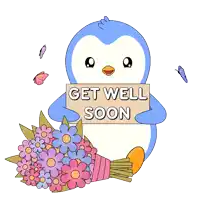 a penguin holding a bouquet of flowers and a sign that says get well soon