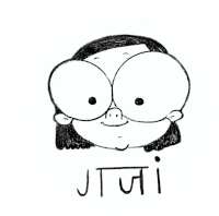 a black and white drawing of a cartoon character with big eyes and the word jaji written below it