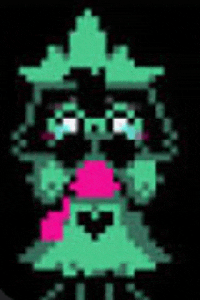 a pixel art of a green and pink cartoon character with a pink heart .