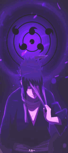 a purple background with a person holding a sword in front of a circle