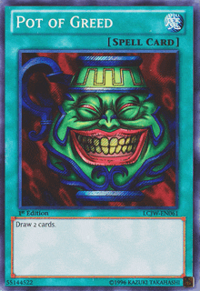 a card that says pot of greed with a smiling face on it