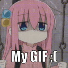 a girl with pink hair is wearing a mask and says my gif : c