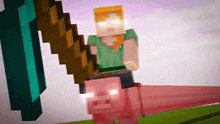 a minecraft character is riding on the back of a pig with a sword .