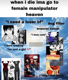 when i die ima go to female manipulator heaven " i need a loser bf "