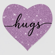 a purple heart shaped sticker that says hugs