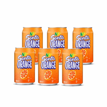 six cans of santa orange soda are lined up on a white background