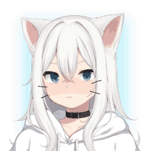 a girl with white hair and cat ears is wearing a black choker