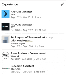 a screenshot of a person 's experience including account manager and research assistant