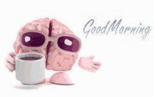 a brain with sunglasses is holding a cup of coffee .