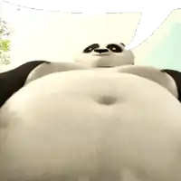 a panda bear with a very large belly is looking up at the camera
