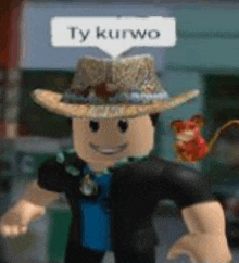 a roblox character wearing a cowboy hat with a mouse on his shoulder .