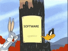 bugs bunny and daffy duck are standing next to a sign that says software