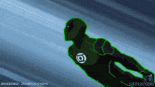 a green lantern is flying through the air with a gifrun.com logo in the corner