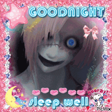 a picture of a girl with pink hair and blue eyes says goodnight sleep well