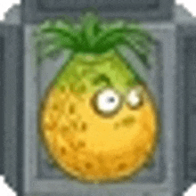 a cartoon pineapple with big eyes and a green stem is sitting in a box .