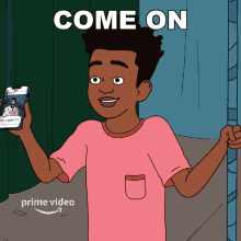 a cartoon of a boy holding a cell phone with the words come on behind him