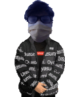 a person wearing a mask and sunglasses is wearing a jacket with the word yasu on it