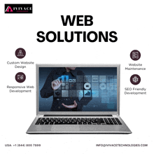 an ad for web solutions shows a laptop with a man pointing at a screen