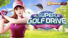 a woman is holding a golf club in front of a sign that says super golf drive pocket game soft