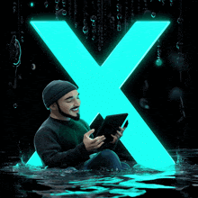 a man is sitting in the water with a glowing x in the background