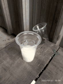 a cup of liquid sits on a wooden table with the date of january 27