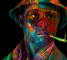 a colorful painting of a man wearing a hat and sunglasses