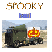 a spooky haul truck with a pumpkin on the back of it